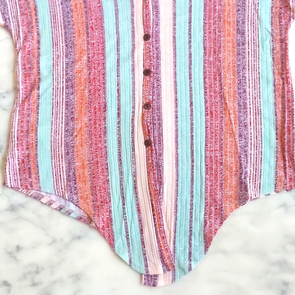 NWOT Color Stripe Drop shoulder LooseFit ShortSleeve V-Neck Button Down knit Top - Picture 5 of 5